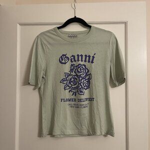 Ganni Light Green Tee with Blue Floral Print
